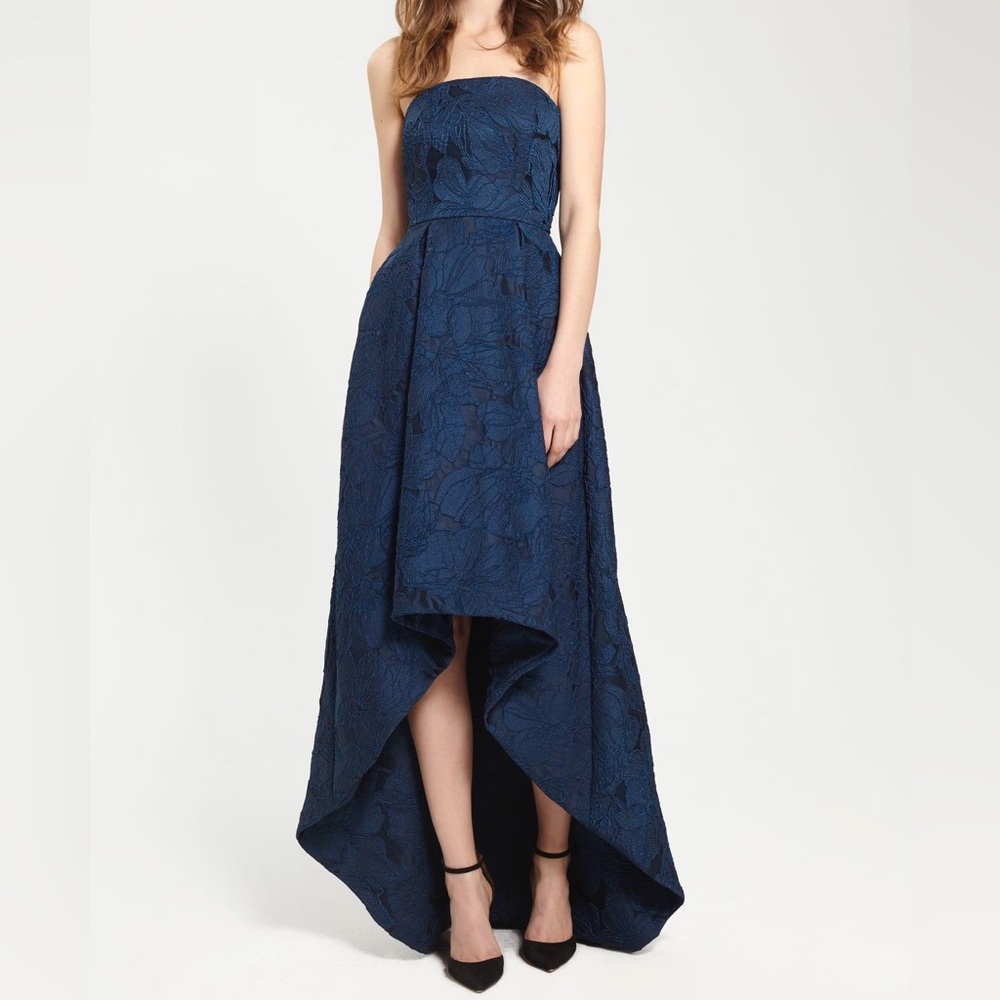 ML Monique Lhuillier Strapless High Low Floral Jacquard Gown